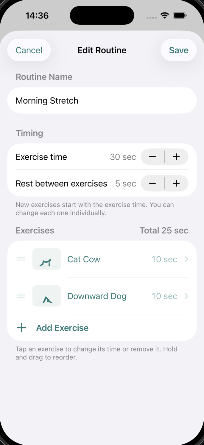Kivoa’s Edit Routine screen: exercise time set to 30 seconds, rest between exercises 5 seconds, and a reorderable list with Cat Cow and Downward Dog at 10 seconds each.