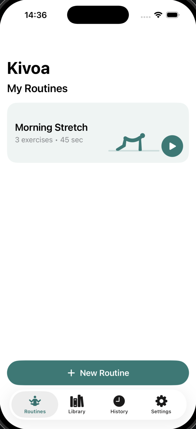Kivoa on iPhone: the My Routines screen showing a routine called Morning Stretch, 3 exercises, 45 seconds, with a play button and a New Routine button.